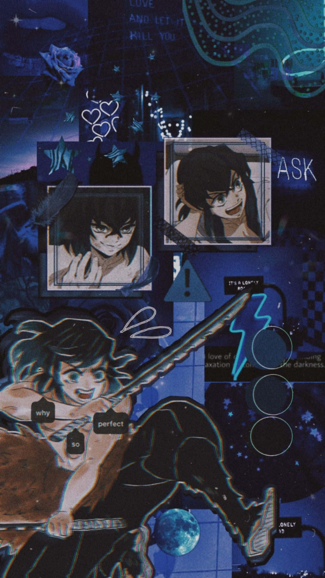 Blue Collage Inosuke PFP, dark blue digital collage, anime characters, Full HD Phone Wallpaper
