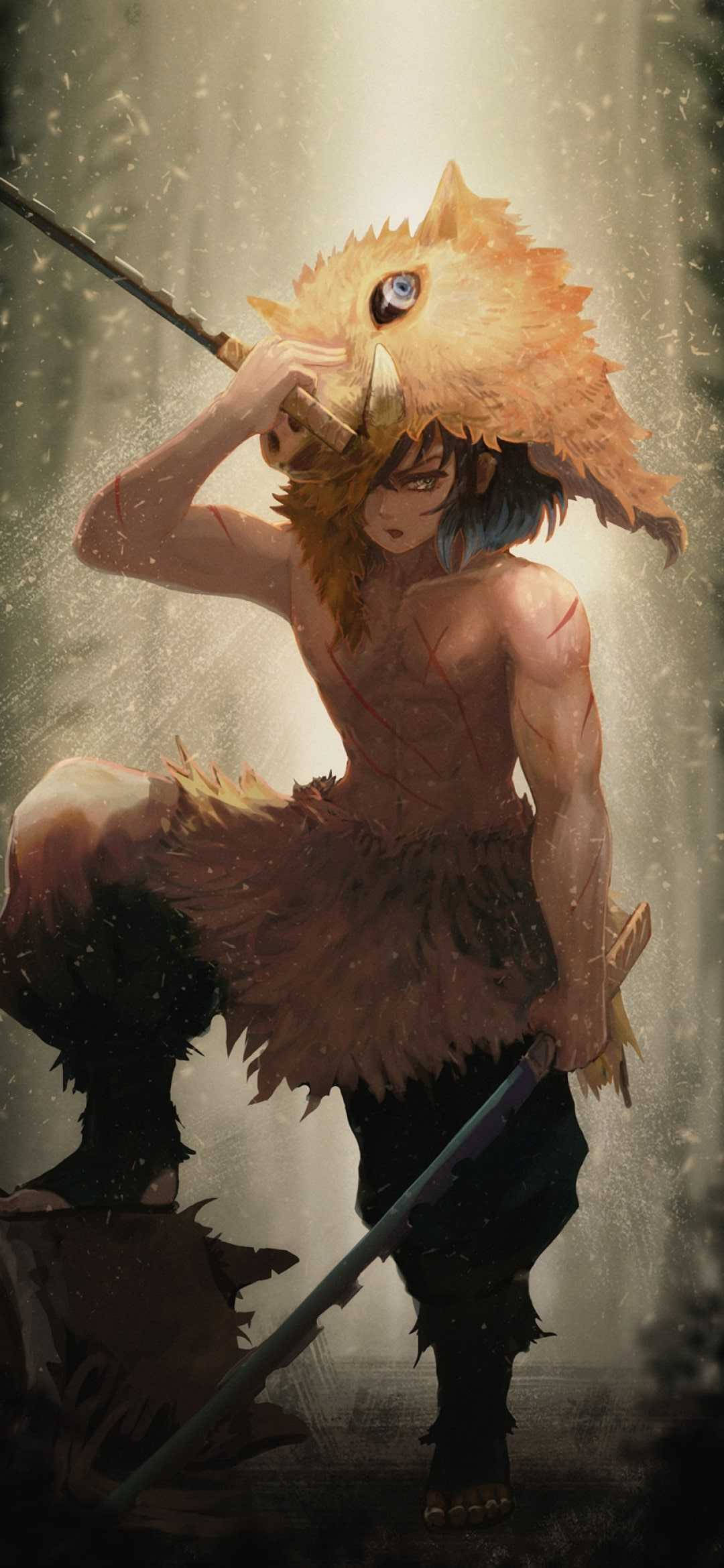 Demon Slayer, Inosuke, lion-like mane, Full HD Phone Wallpaper