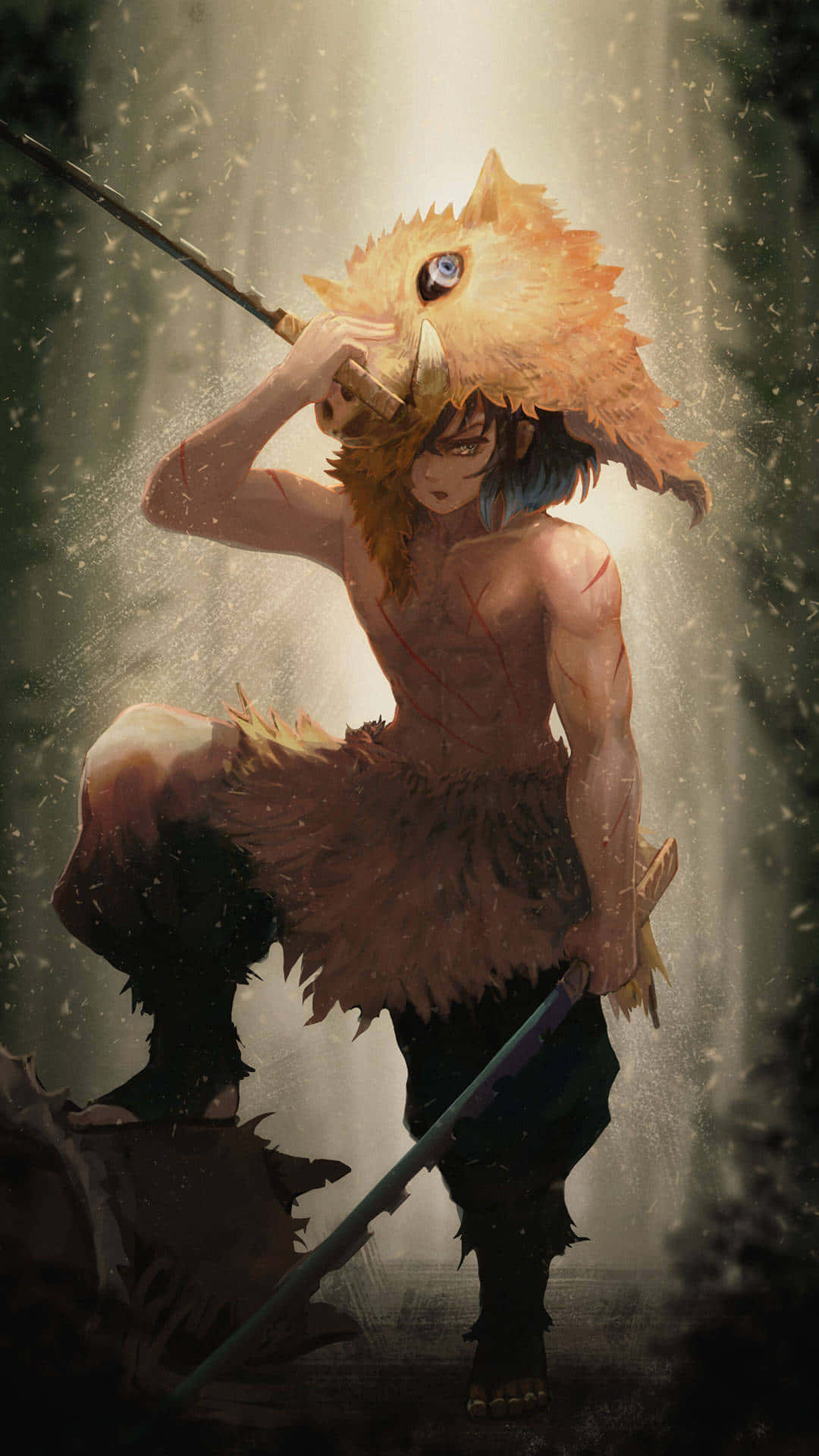 Inosuke, fox mask, blue hair, Full HD Phone Wallpaper