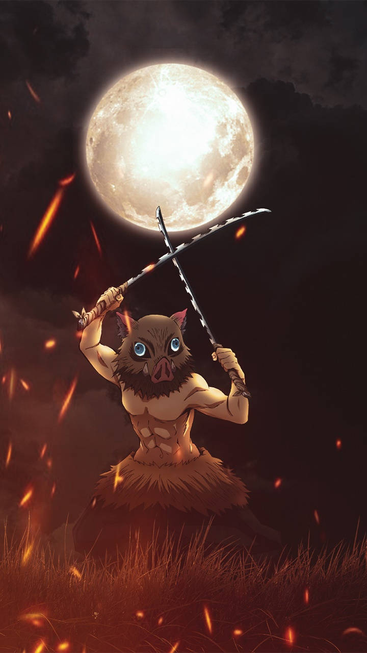 Demon Slayer, Inosuke, full moon, HD Phone Wallpaper