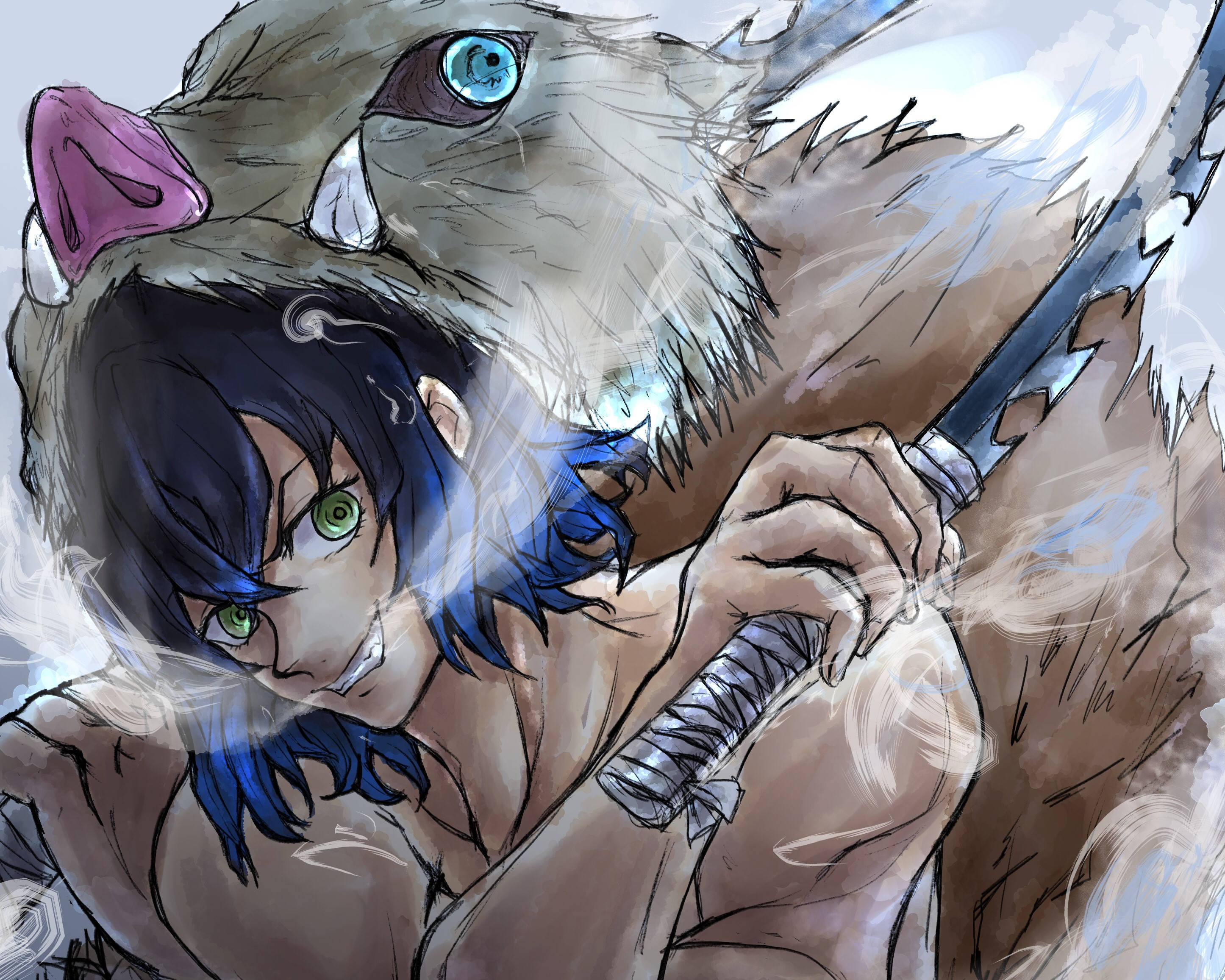 Demon Slayer, Inosuke, breathing technique, 2K Desktop Wallpaper
