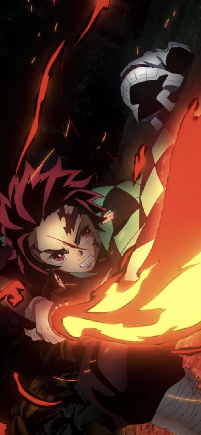 Demon Slayer iPad, spiky red hair, flaming sword, HD Phone Wallpaper