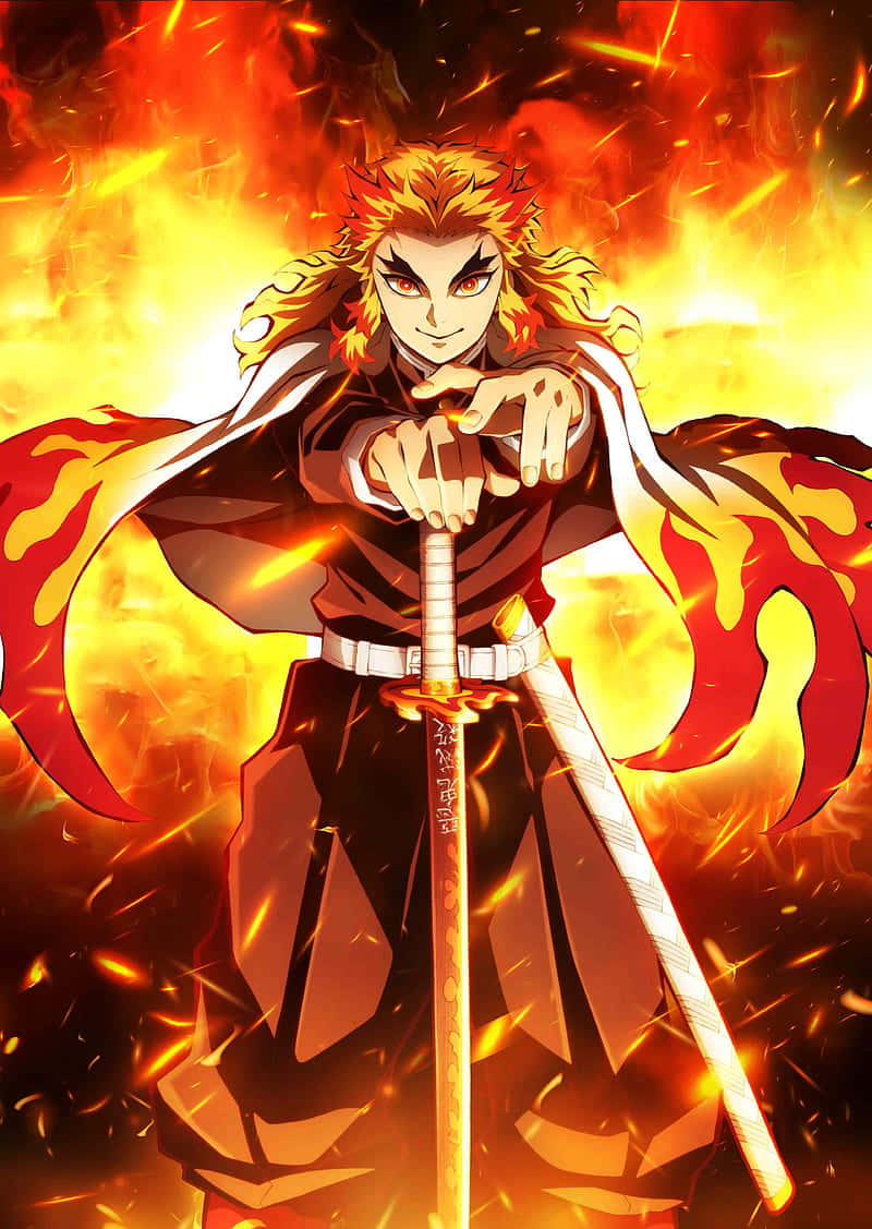 Demon Slayer, firey-haired anime warrior, glowing sword, SD Phone Wallpaper