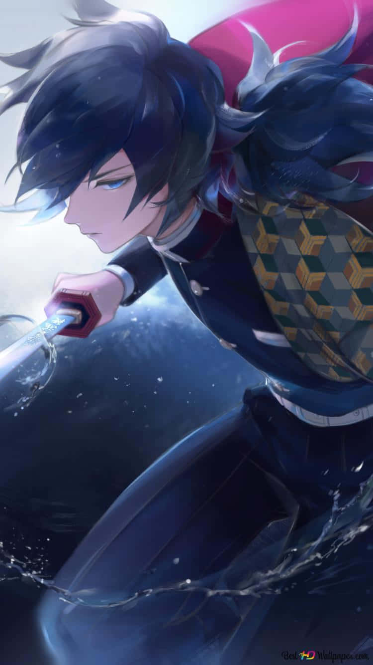 Demon Slayer iPhone 11, dark-haired anime warrior, patterned haori, HD Phone Wallpaper