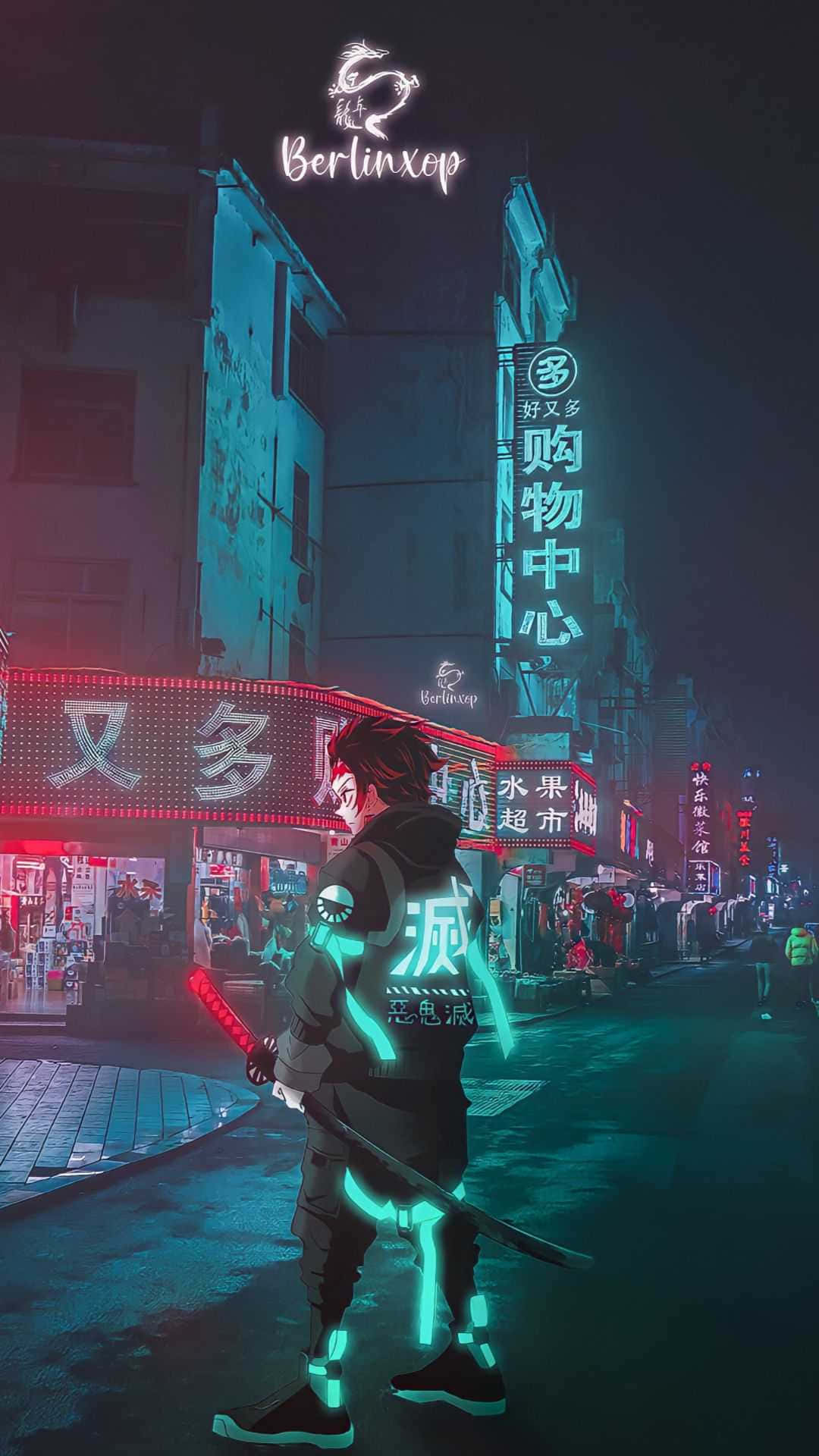 Demon Slayer, iPhone 11, glowing cyan accents, Full HD Phone Wallpaper