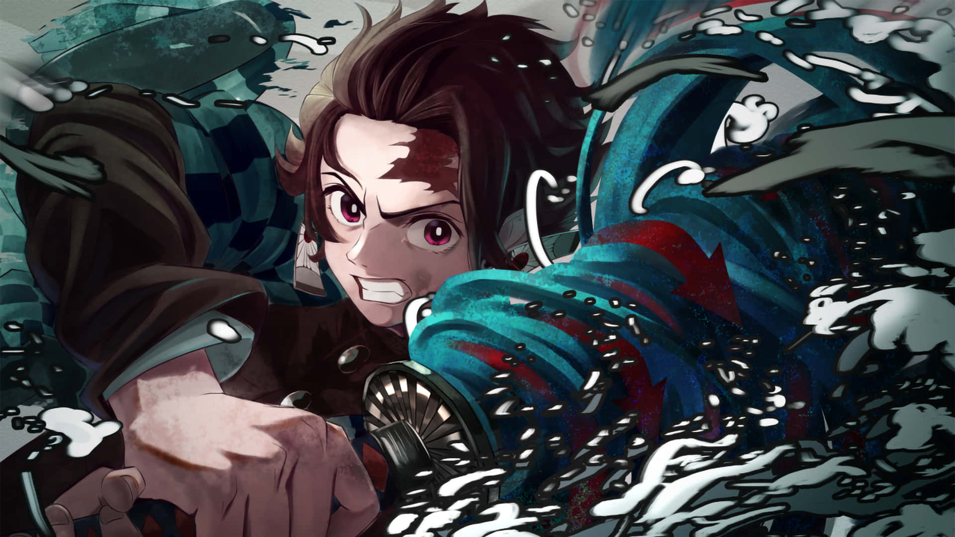 Demon Slayer, red eyes, dark hair, Full HD Desktop Wallpaper