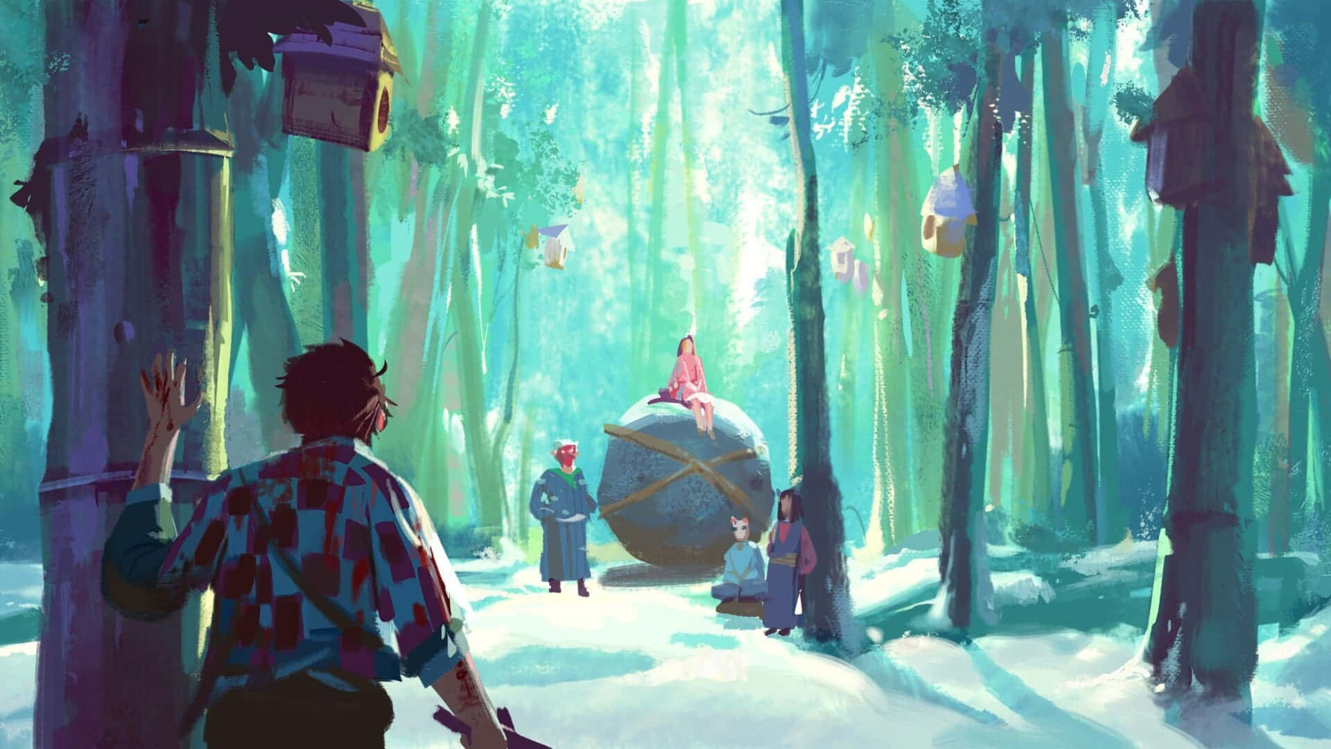 Demon Slayer, checkered shirt, snowy forest, Full HD Desktop Wallpaper