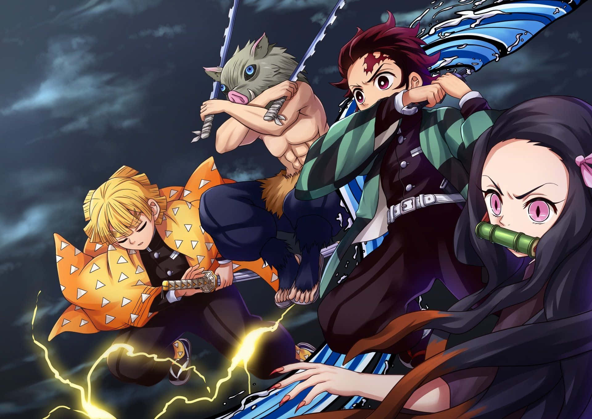 Demon Slayer, anime warriors, stormy sky, Full HD Desktop Wallpaper