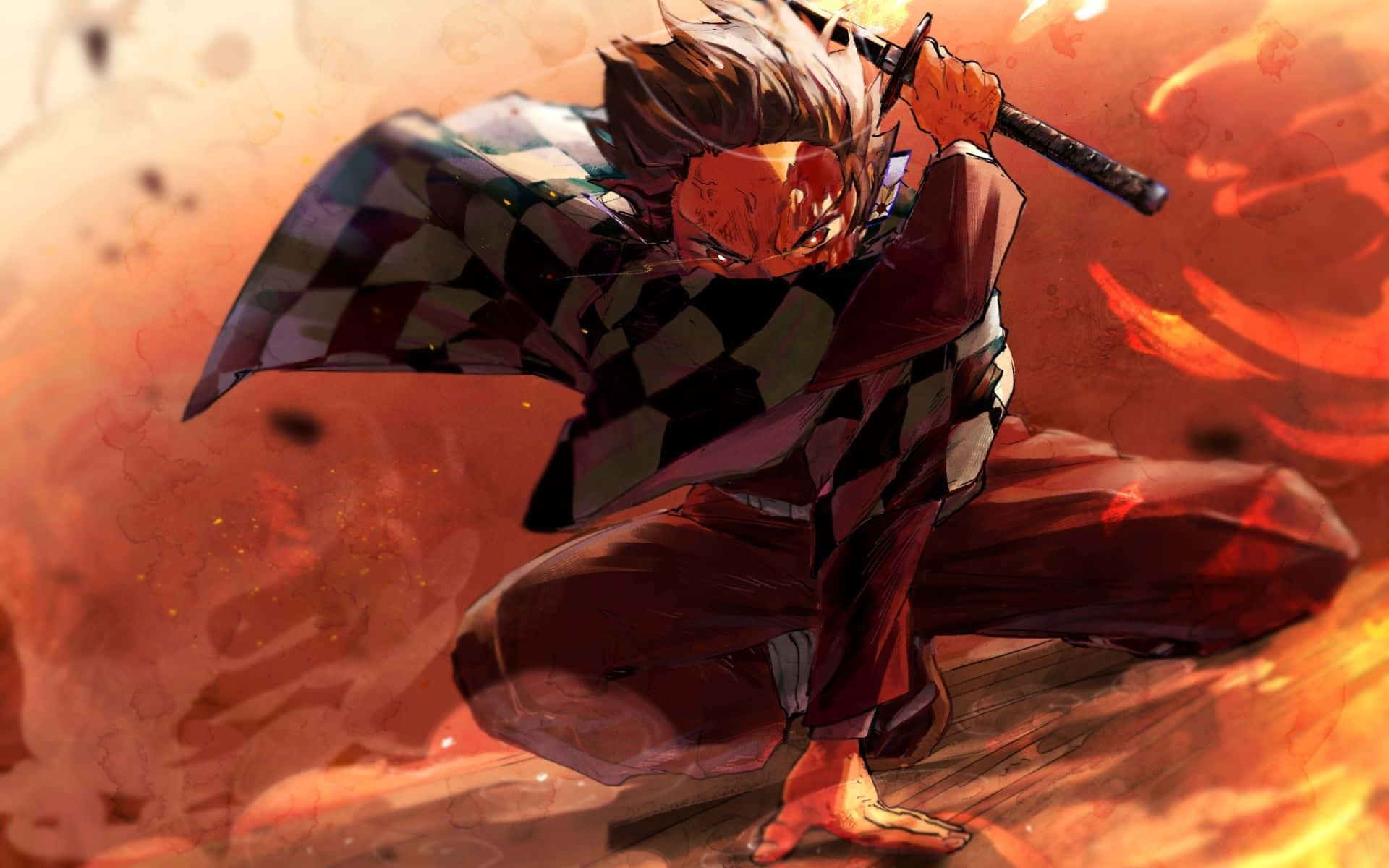 Demon Slayer, fiery-haired anime warrior, checkered kimono, Full HD Desktop Wallpaper