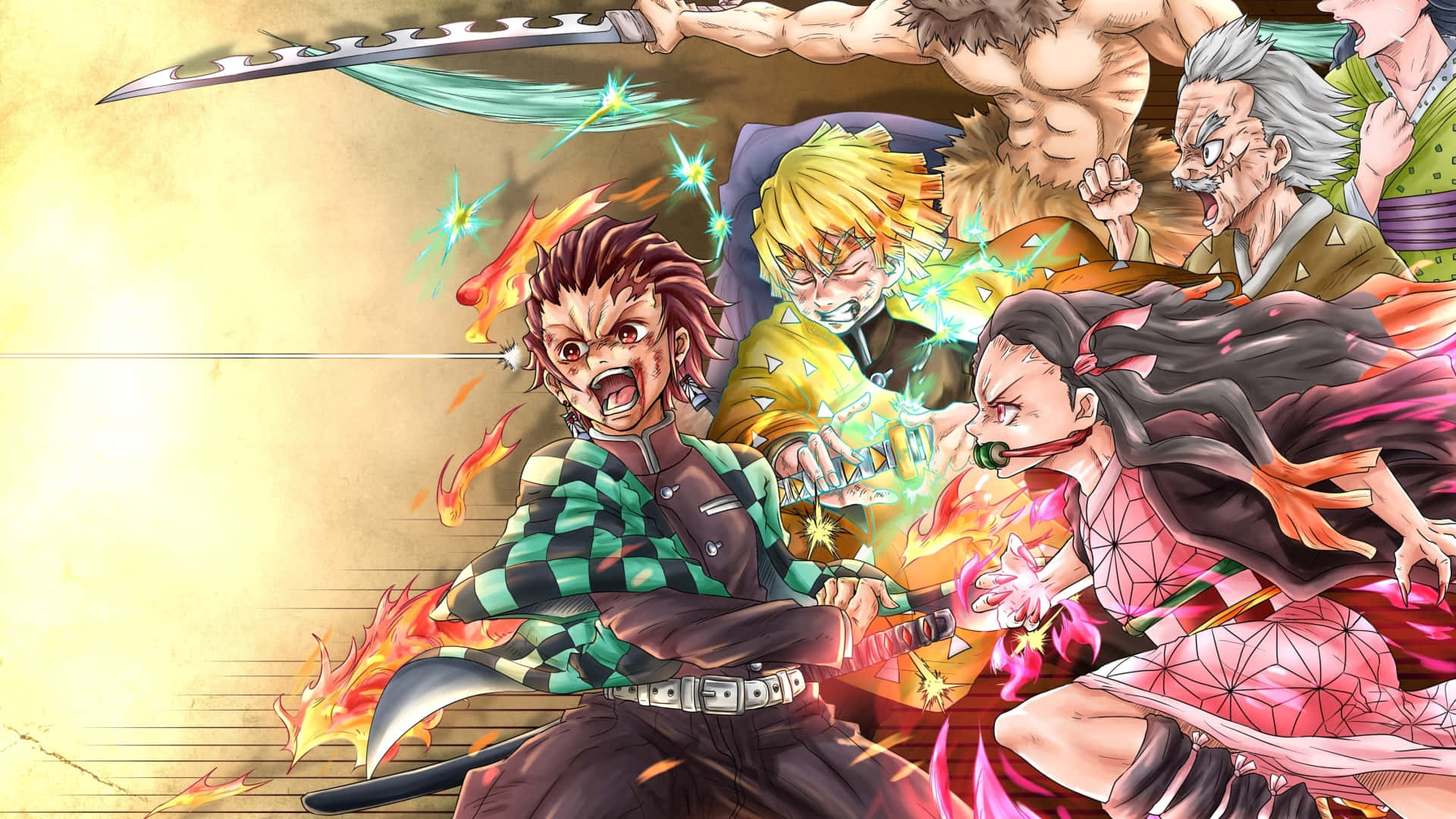 Demon Slayer Laptop, anime warriors, glowing swords, Full HD Desktop Wallpaper