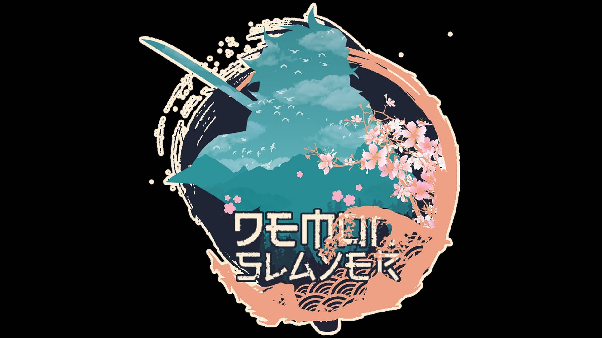 Demon Slayer Logo, cherry blossoms, teal mountain, Full HD Desktop Wallpaper