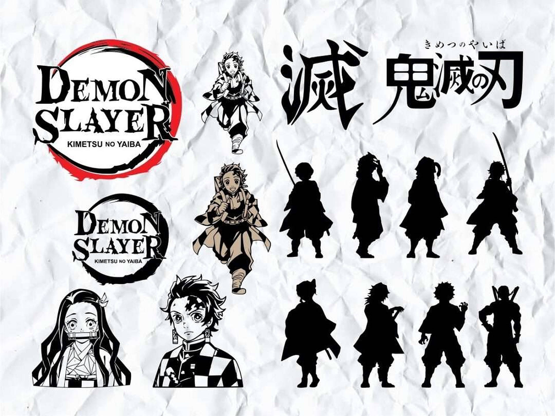 Demon Slayer Logo, character silhouettes, crumpled paper background, Full HD Desktop Wallpaper
