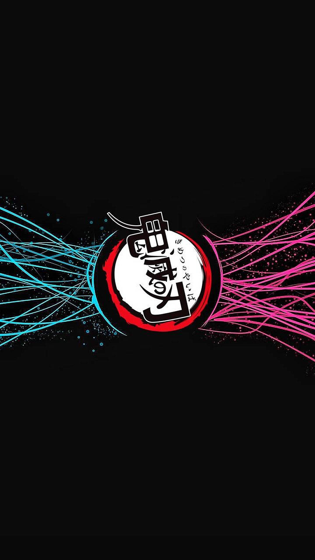 Demon Slayer Logo, red and white circular emblem, vibrant cyan and magenta streaks, Full HD Phone Wallpaper