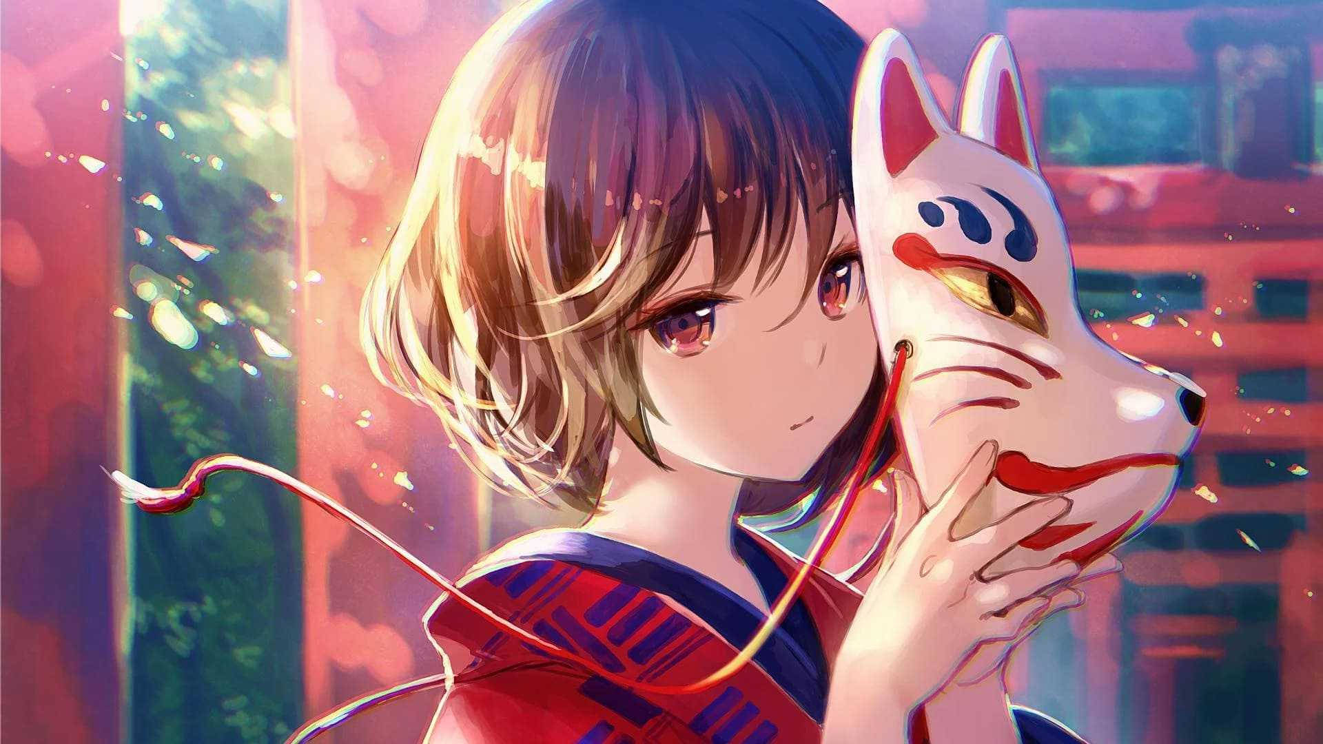Demon Slayer, red kimono, white fox mask, Full HD Desktop Wallpaper