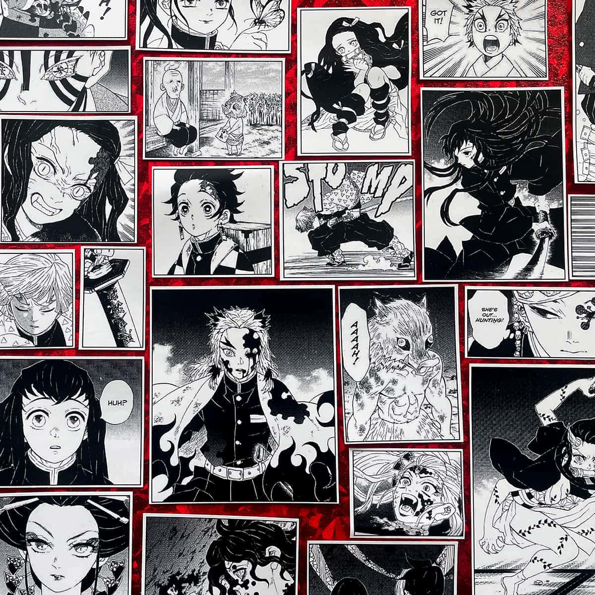 Demon Slayer Manga Collage, black and white manga panels, intense action, SD Desktop Wallpaper