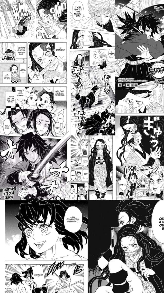 Demon Slayer Manga Collage, black and white manga panels, intense combat, SD Phone Wallpaper