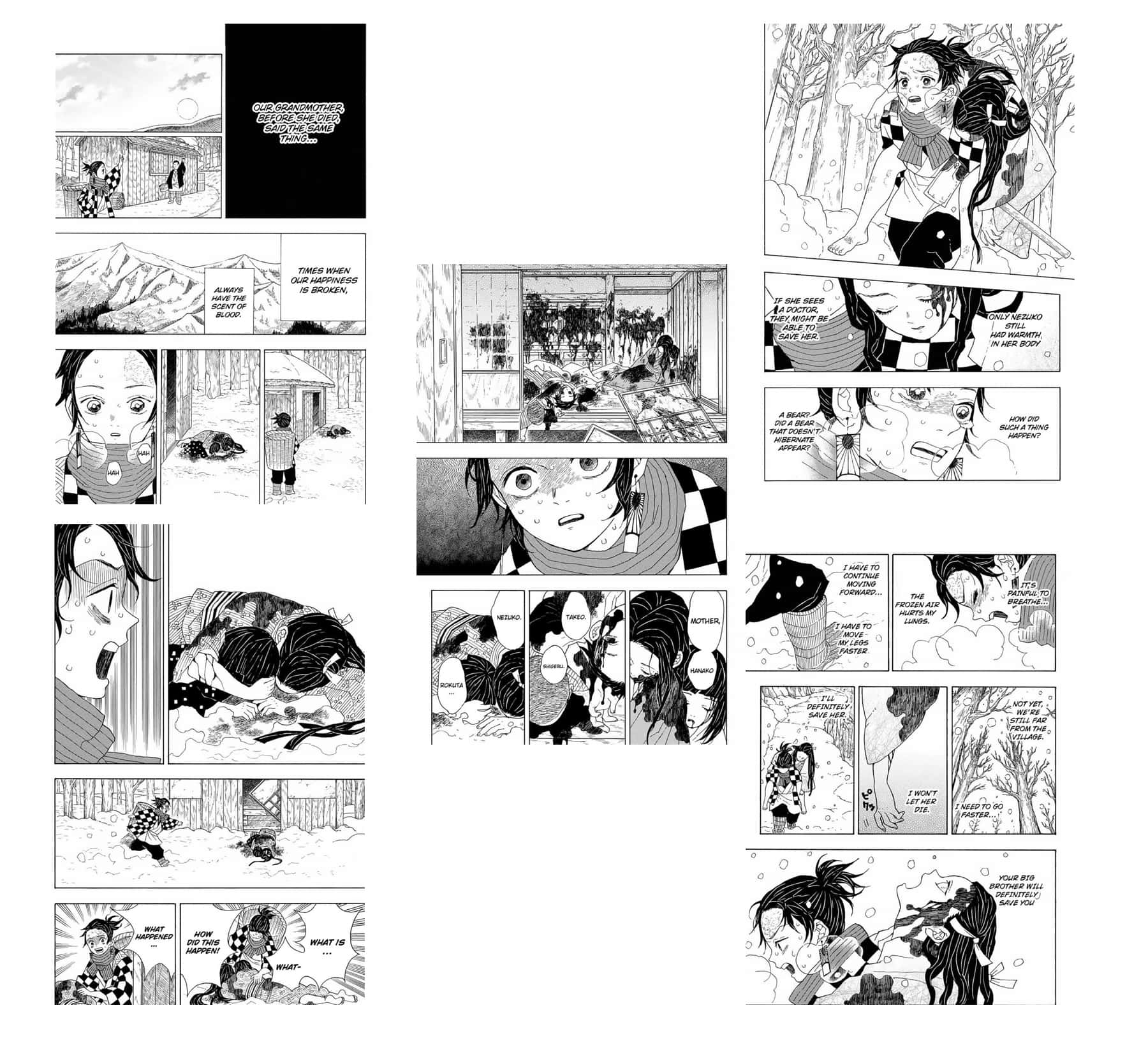 Demon Slayer Manga Panels, black and white manga panels, snowy forest scene, HD Desktop Wallpaper