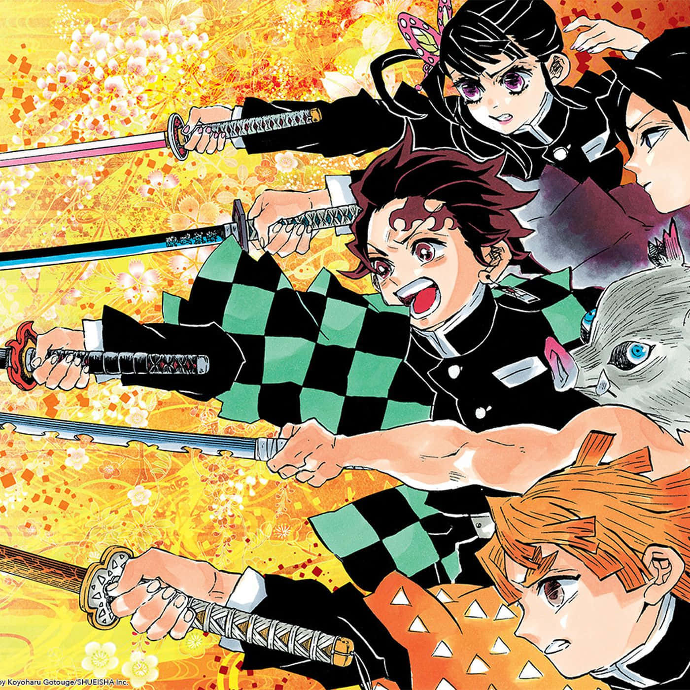 Demon Slayer Manga, cherry blossoms, fiery golden background, HD Desktop Wallpaper