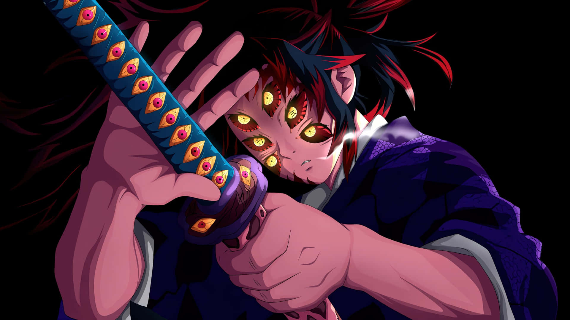Demon Slayer, villain power, glowing yellow eyes, Full HD Desktop Wallpaper