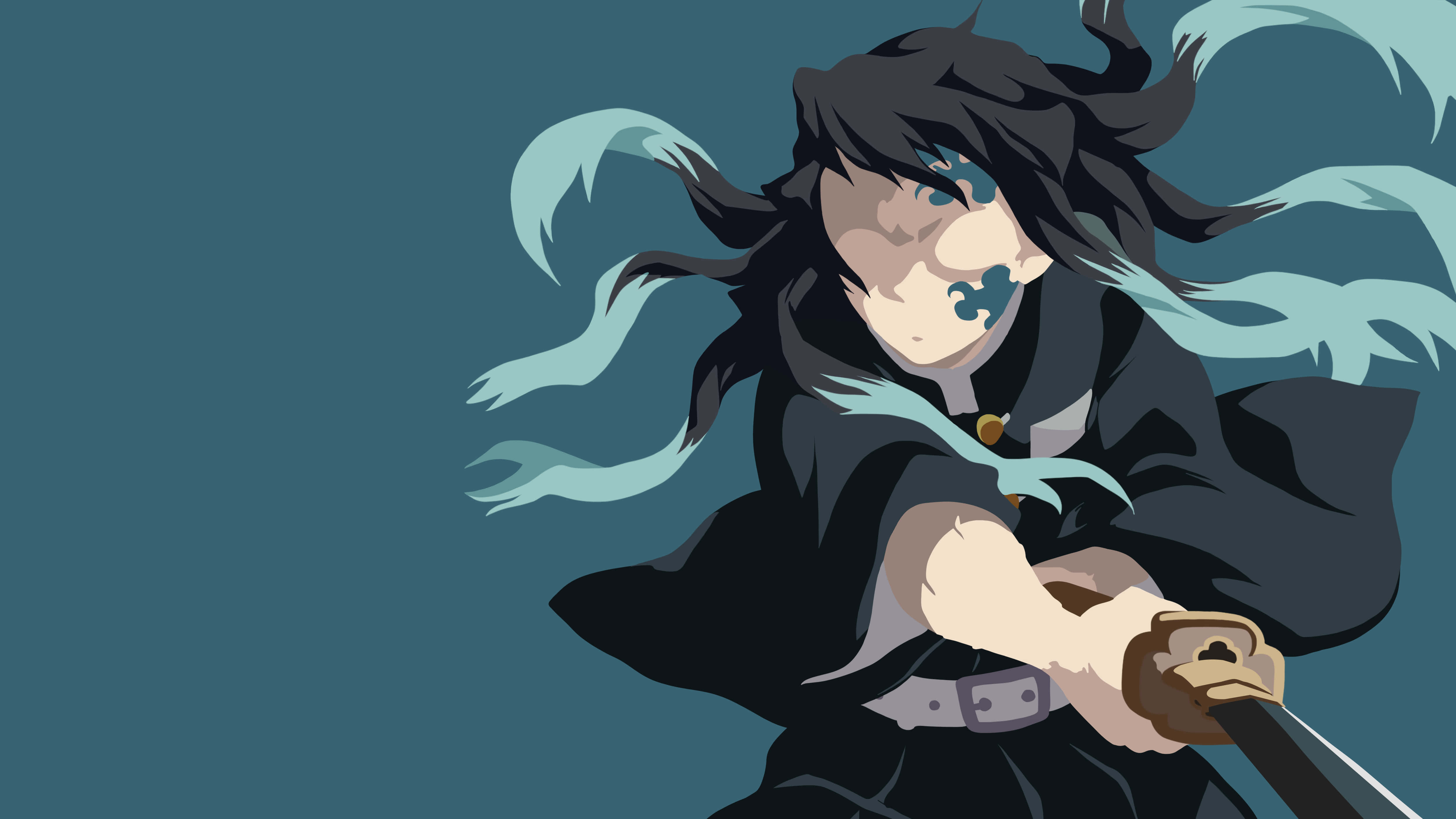 Demon Slayer, black hair, blue markings, 4K Desktop Wallpaper