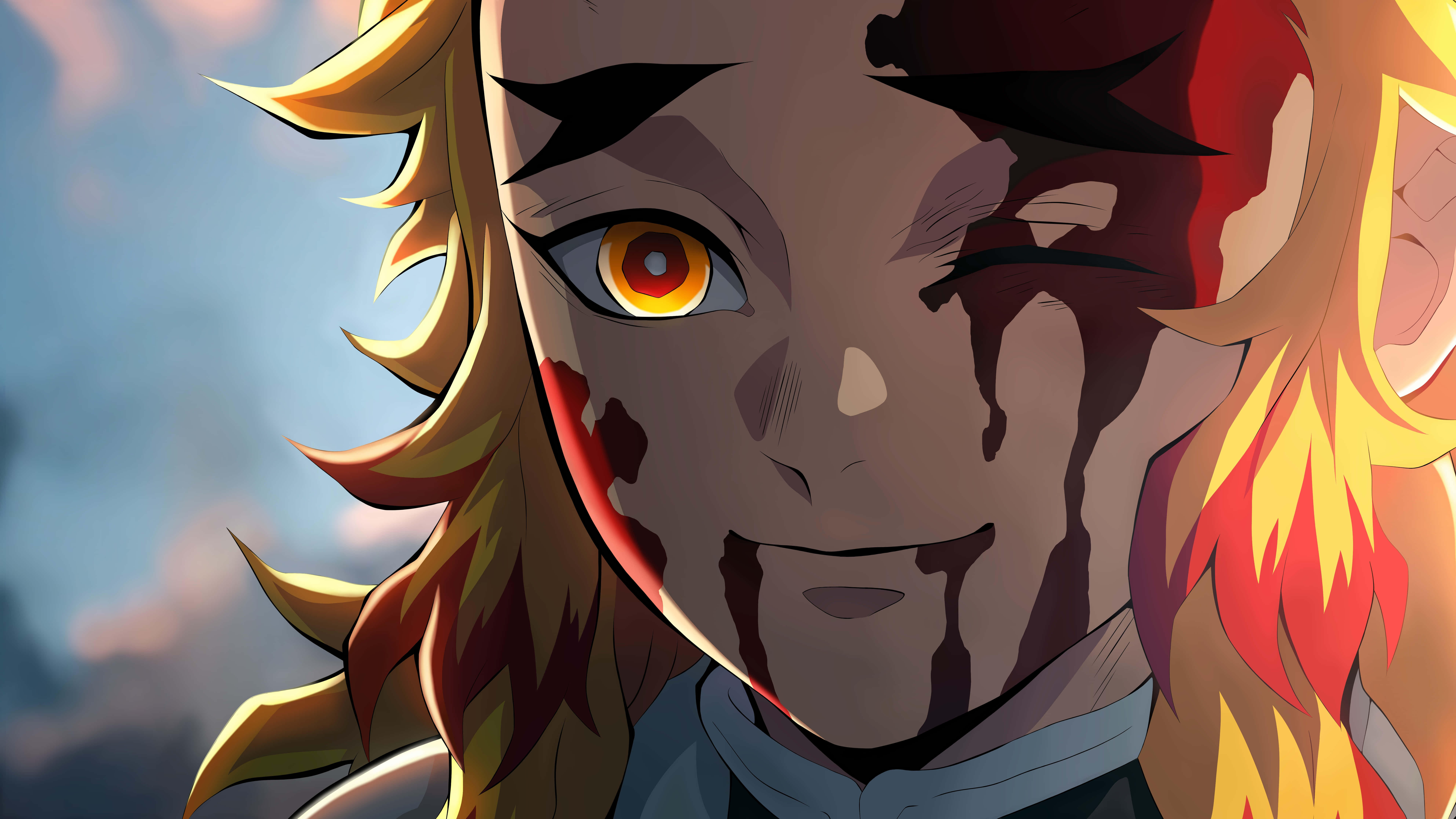 Demon Slayer, fiery blonde hair, blood streaks, 8K Desktop Wallpaper