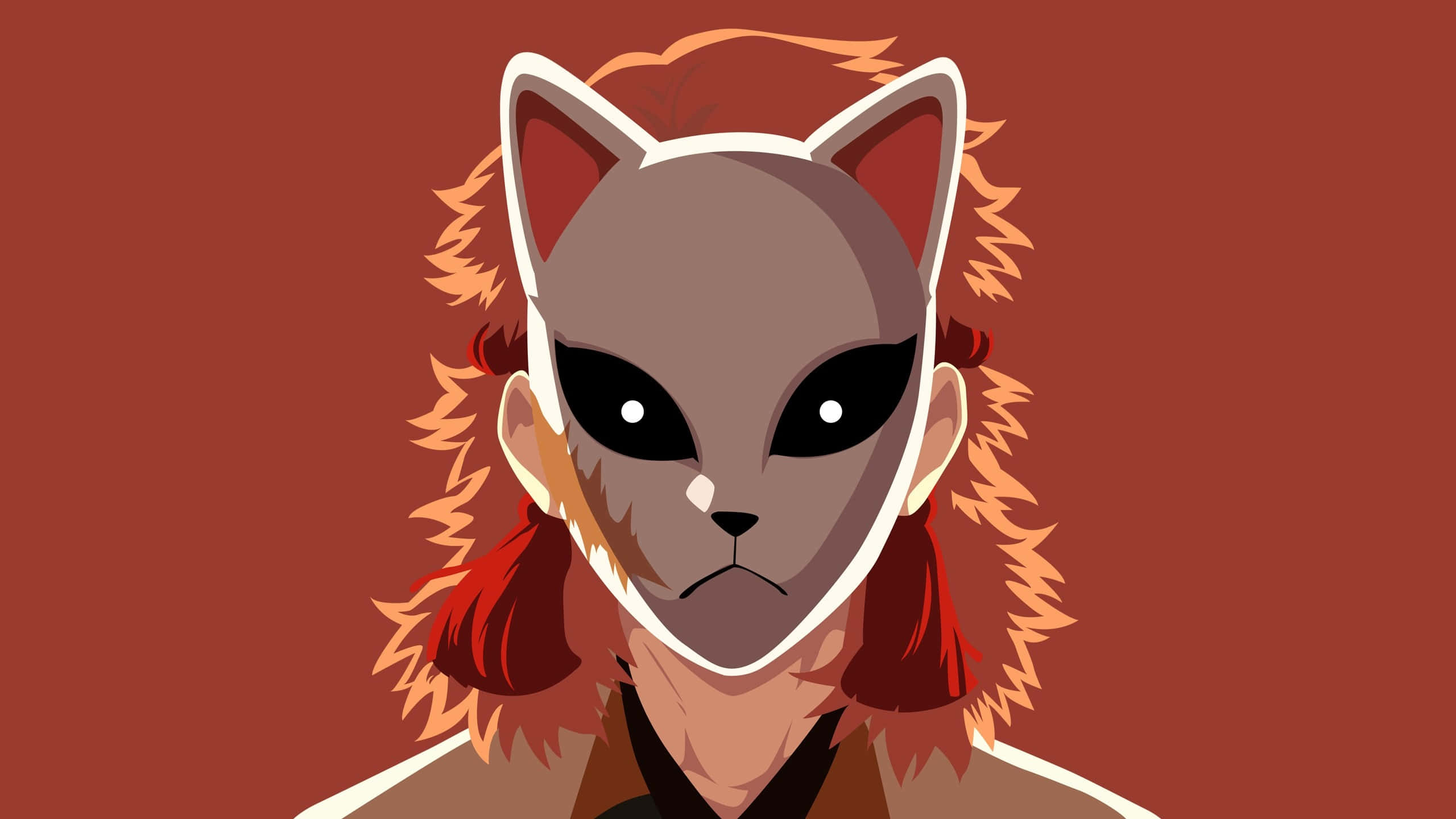 Demon Slayer Minimalist, fox mask, fiery red hair, 2K Desktop Wallpaper