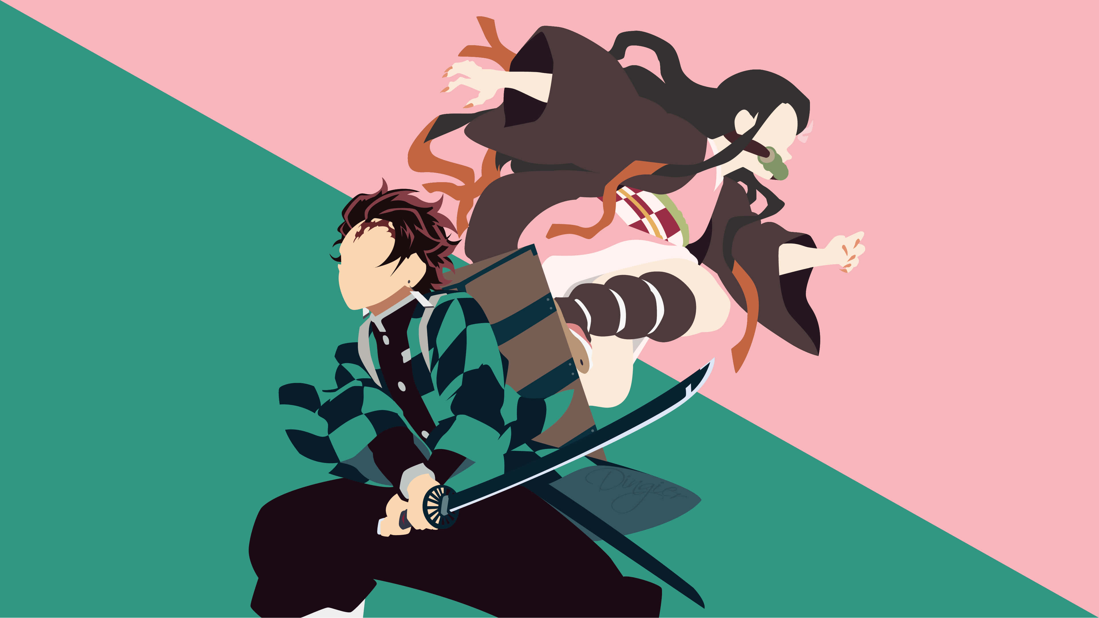 Demon Slayer: Minimalist, swordsman, green checkered kimono, 4K Desktop Wallpaper