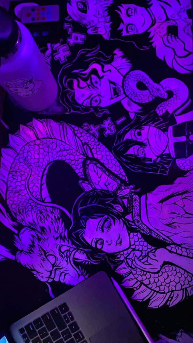 Demon Slayer Minimalist, purple neon-lit, anime illustration, SD Phone Wallpaper