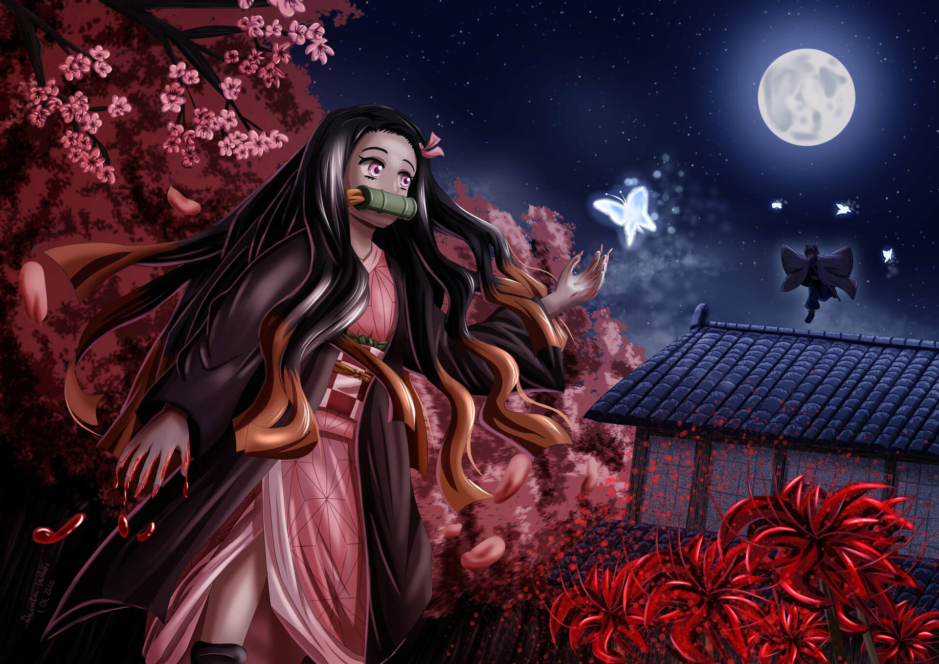 Demon Slayer Nezuko, full moon, falling cherry blossoms, Full HD Desktop Wallpaper