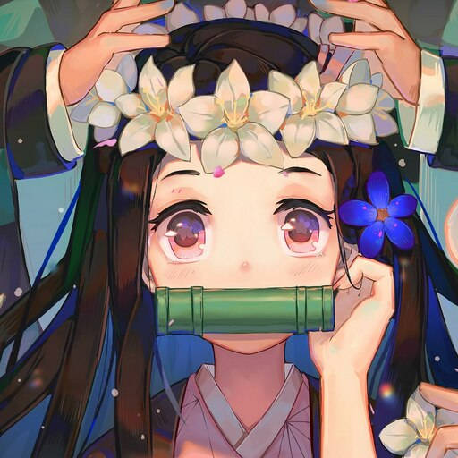 Demon Slayer Nezuko, white flower crown, green bamboo tube, SD Desktop Wallpaper