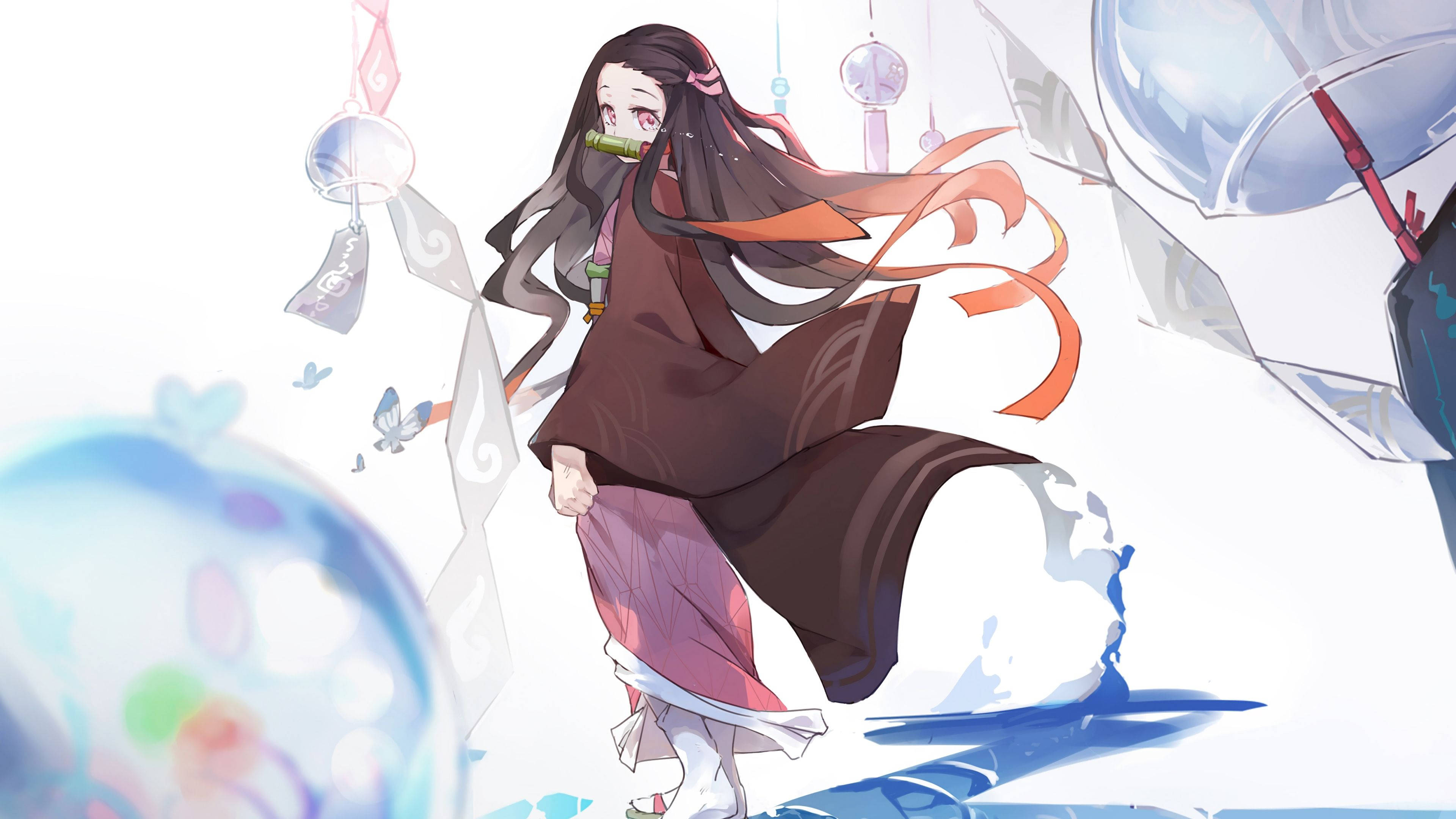 Nezuko, bamboo mouthguard, snowy landscape, 4K Desktop Wallpaper