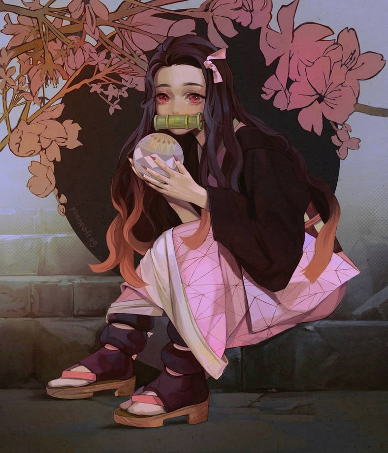 Demon Slayer Nezuko, crystal ball, long dark hair, SD Phone Wallpaper