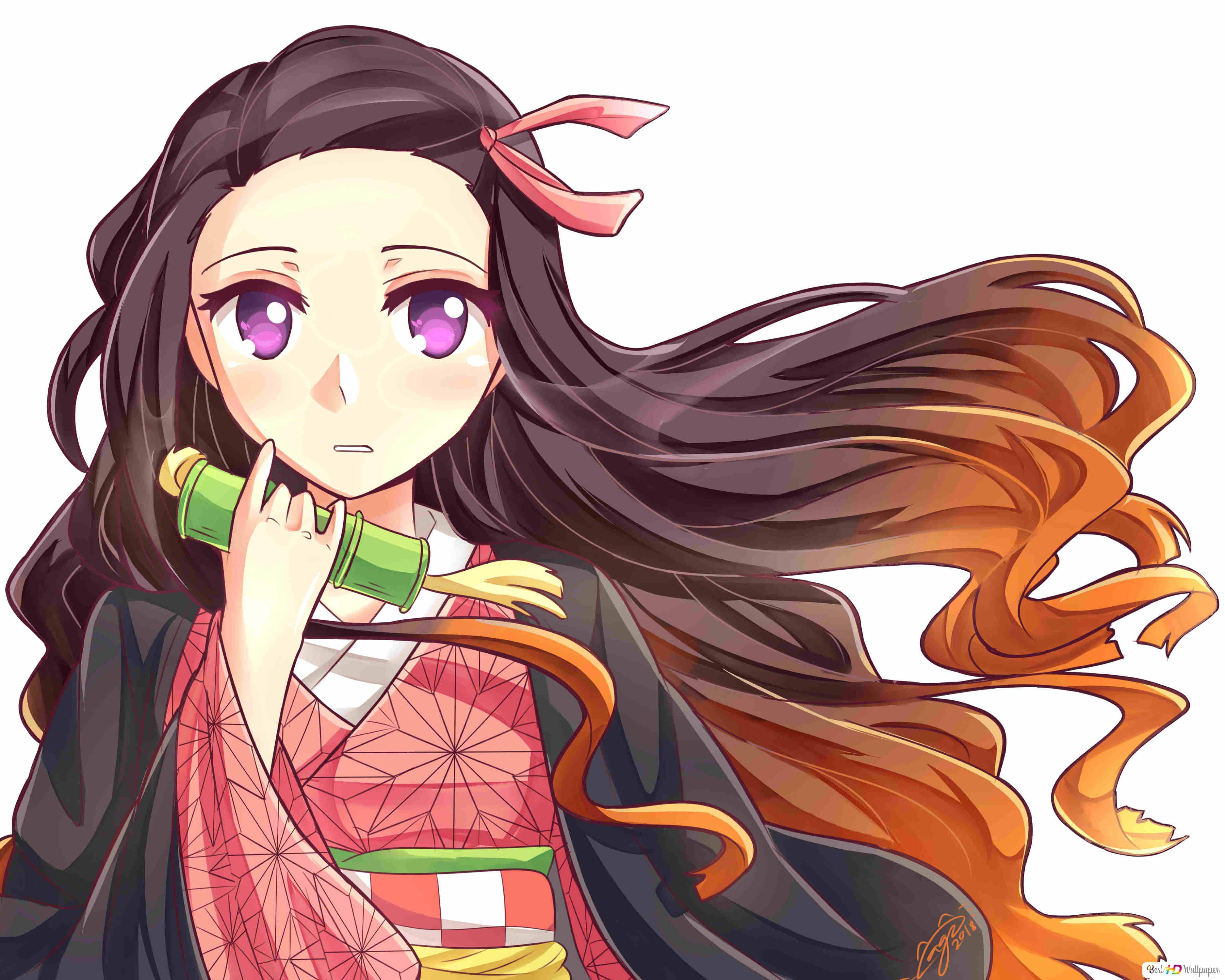 Demon Slayer Nezuko, long dark hair, purple eyes, 2K Desktop Wallpaper