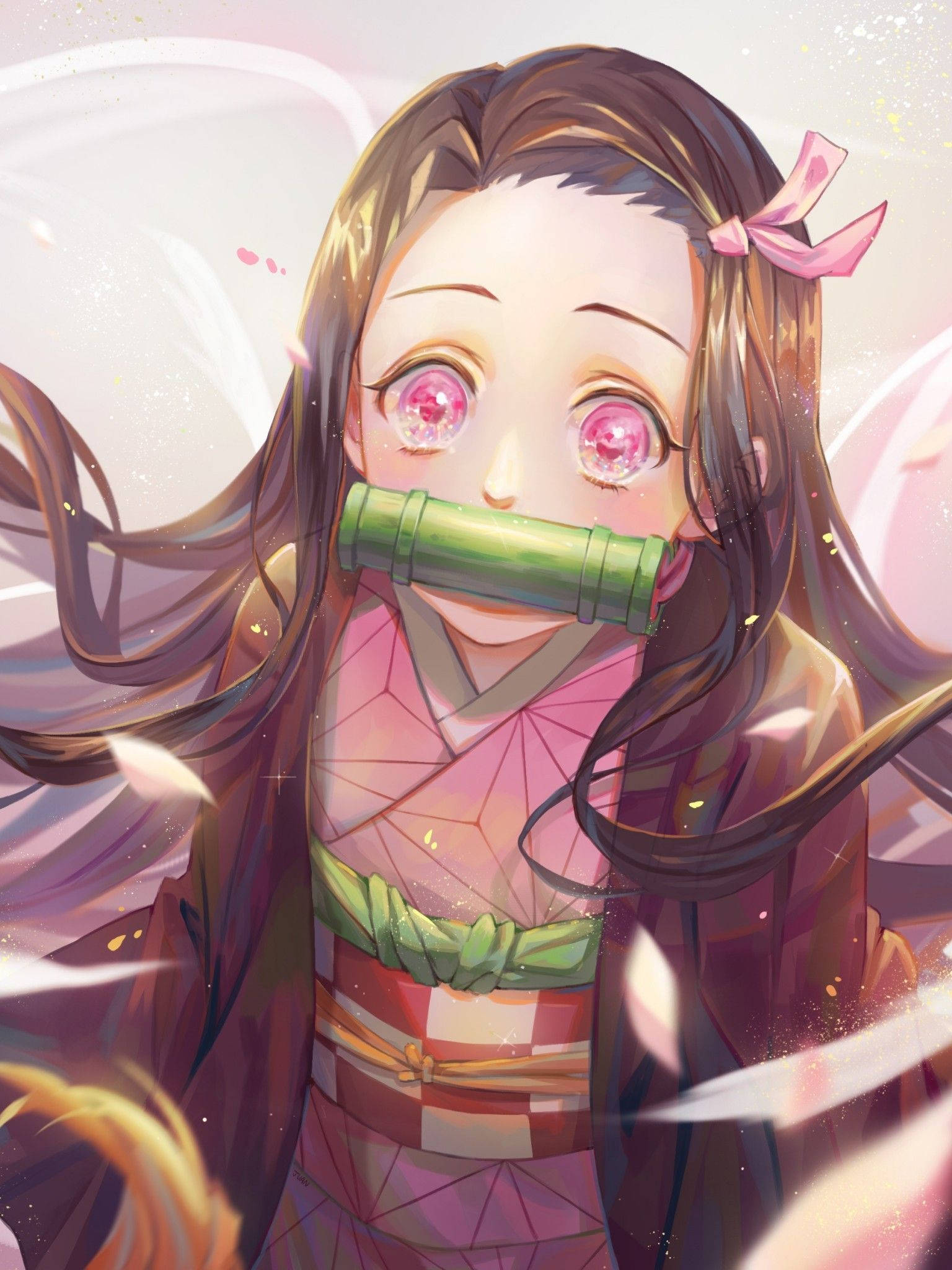 Demon Slayer, Nezuko, pink eyes, Full HD Phone Wallpaper