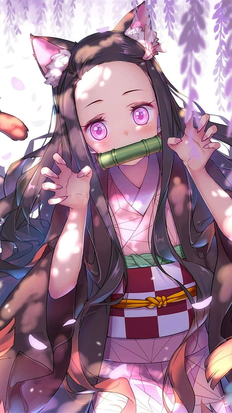 Demon Slayer Nezuko, cat ears, purple eyes, HD Phone Wallpaper