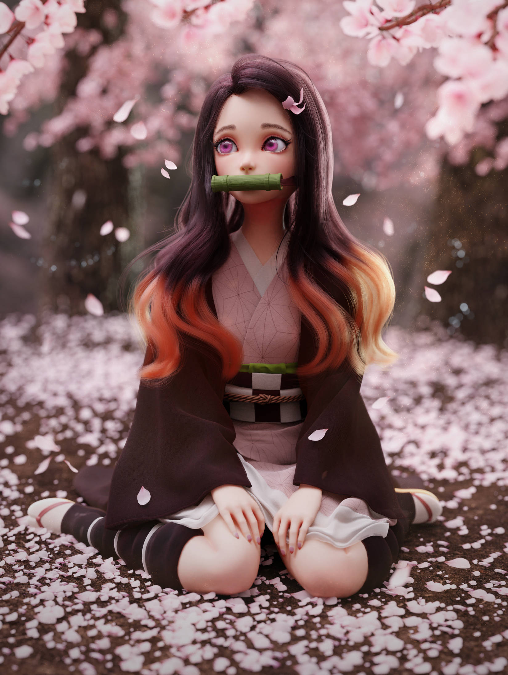 Demon Slayer, Nezuko, cherry blossoms, Full HD Phone Wallpaper
