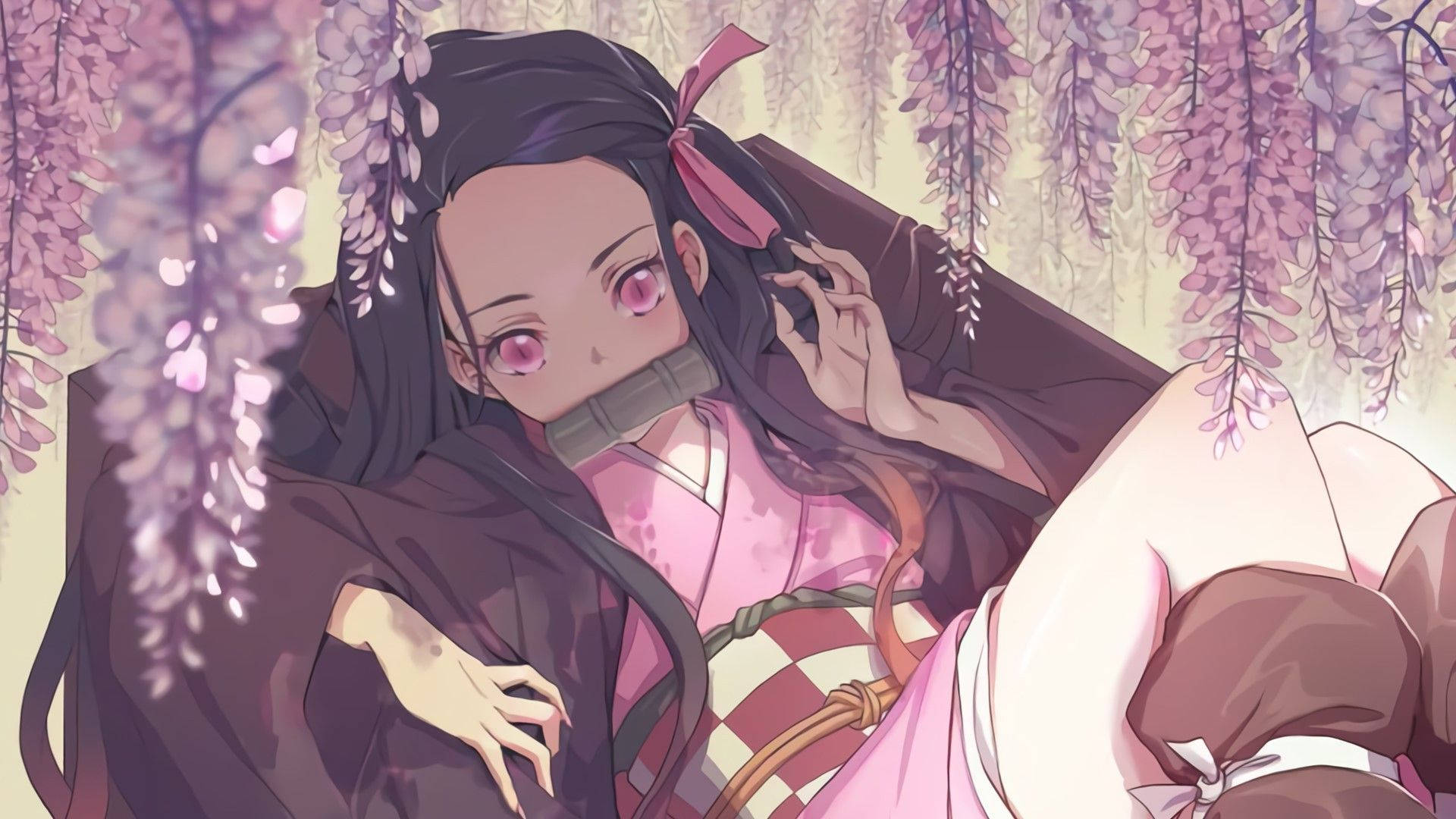 Nezuko, pink kimono, purple wisteria vines, Full HD Desktop Wallpaper