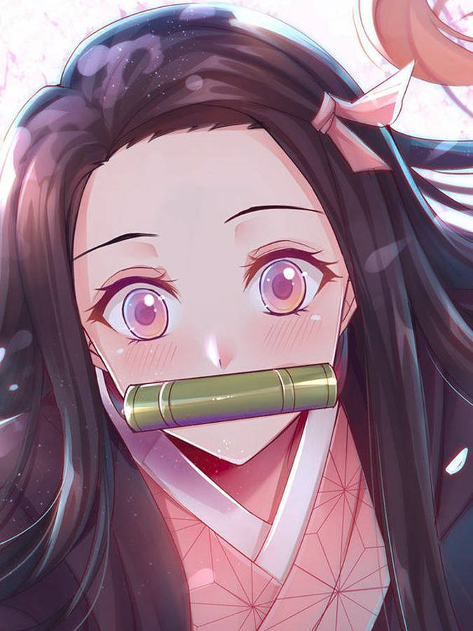 Demon Slayer Nezuko, bamboo gag, long dark hair, SD Phone Wallpaper