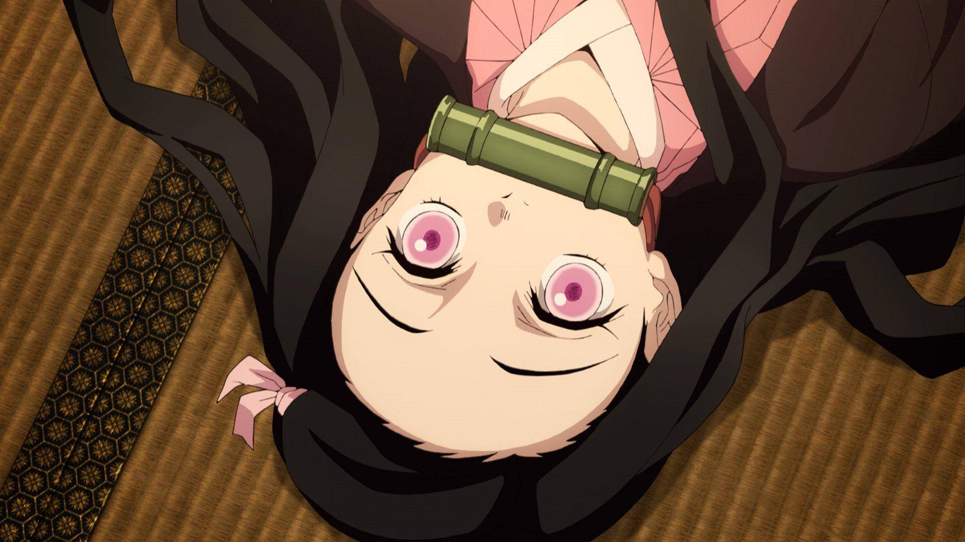 Demon Slayer, Nezuko, pink eyes, Full HD Desktop Wallpaper