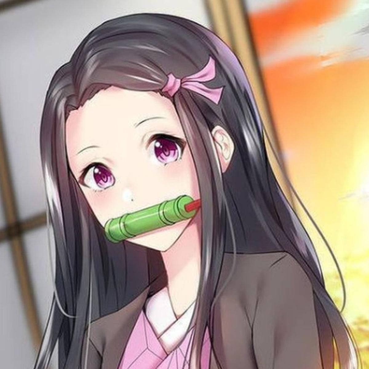 Demon Slayer Nezuko, long dark hair, purple eyes, SD Desktop Wallpaper