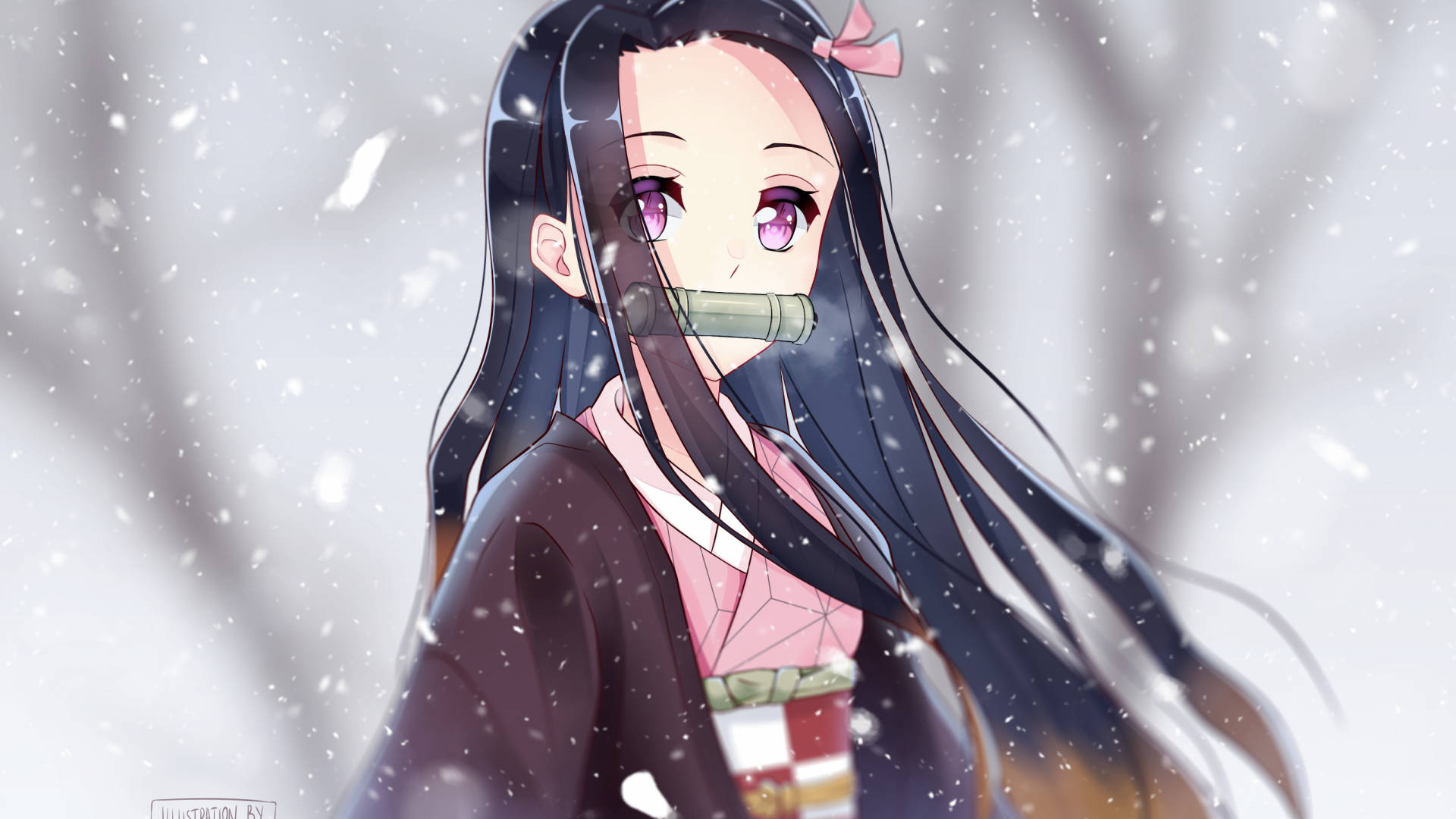 Nezuko, long black hair, purple eyes, Full HD Desktop Wallpaper