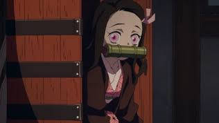 Demon Slayer Nezuko, pink eyes, wooden door, SD Desktop Wallpaper