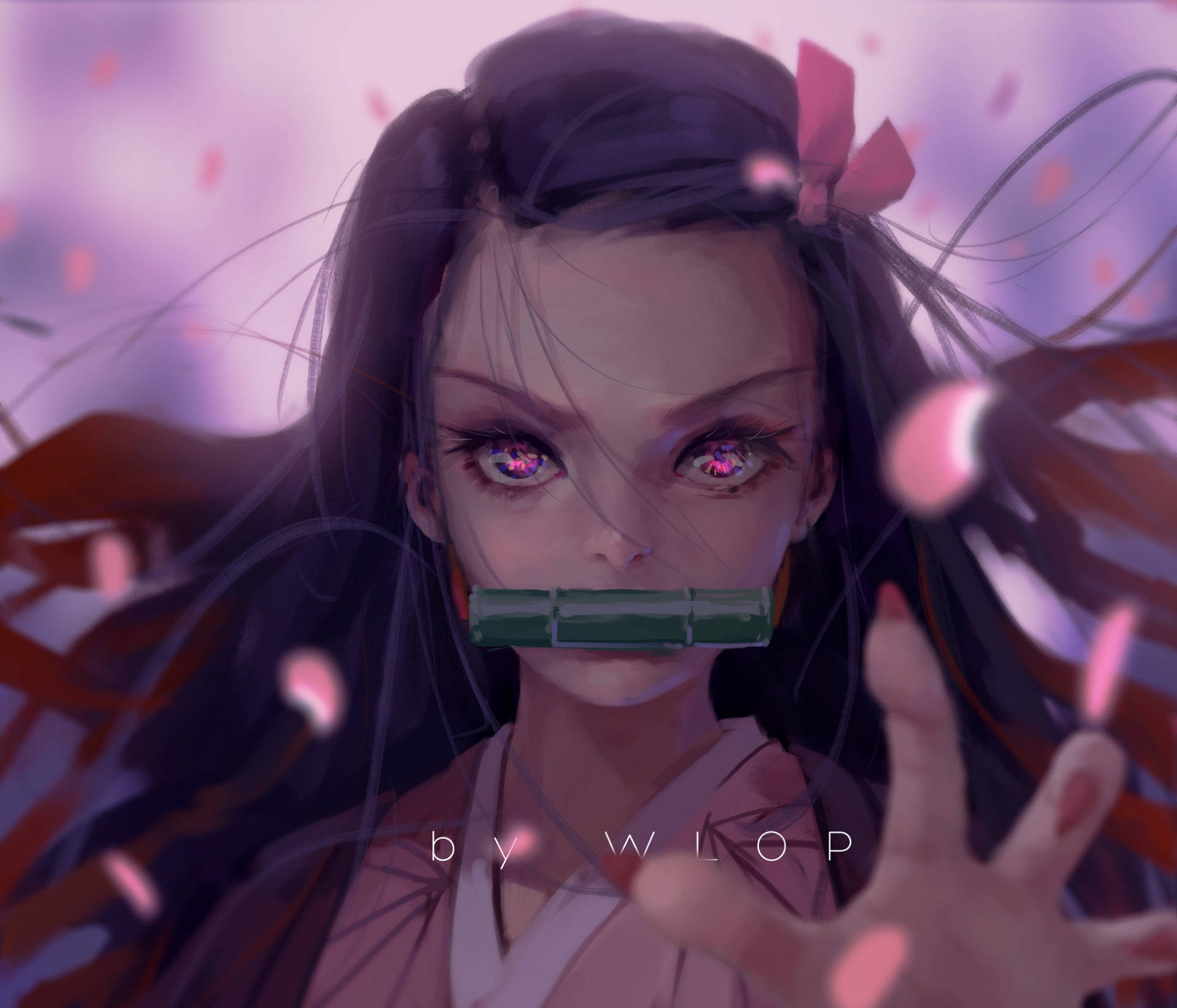 Demon Slayer, Nezuko, glowing pink eyes, Full HD Desktop Wallpaper