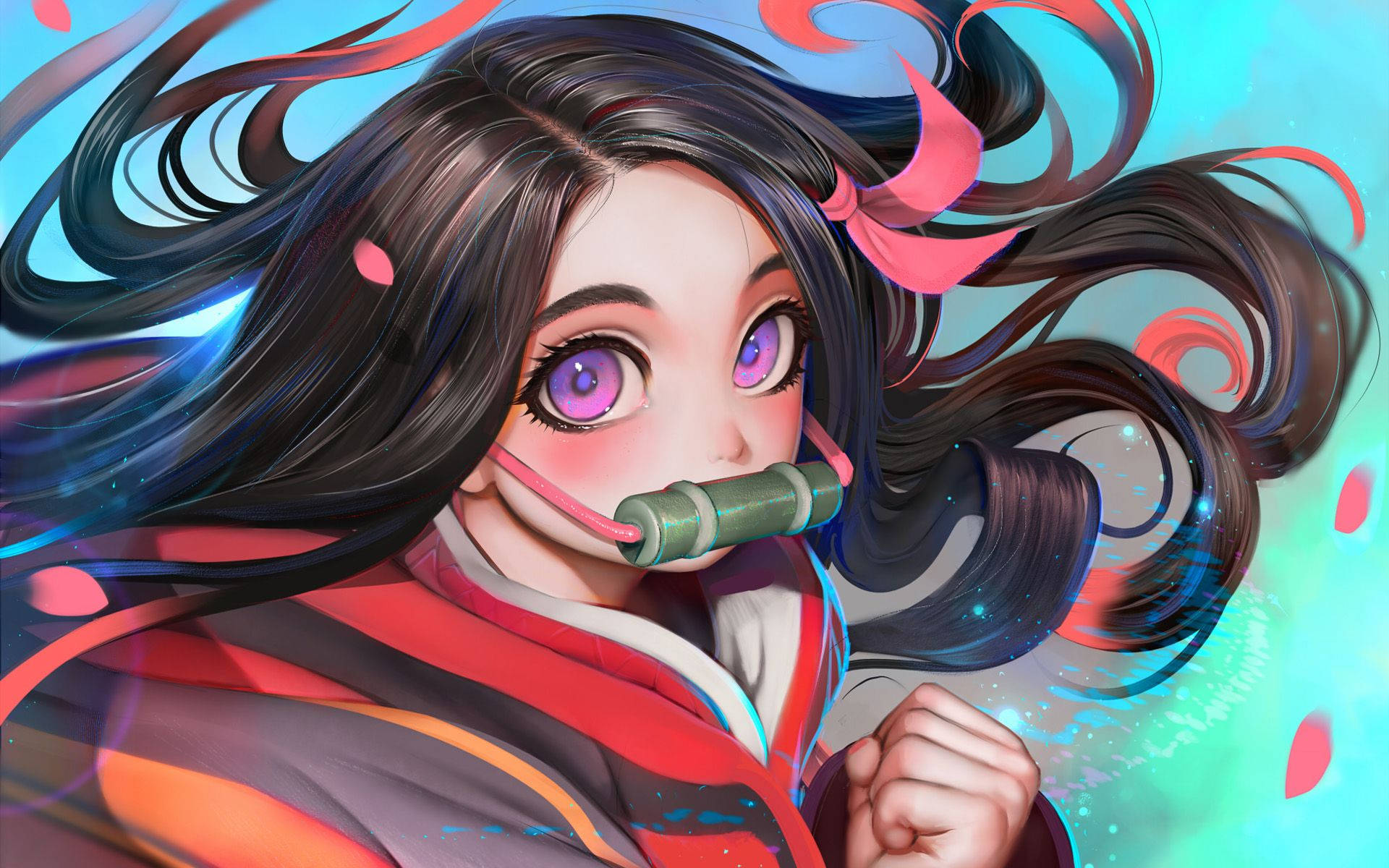 Demon Slayer, Nezuko, purple eyes, Full HD Desktop Wallpaper