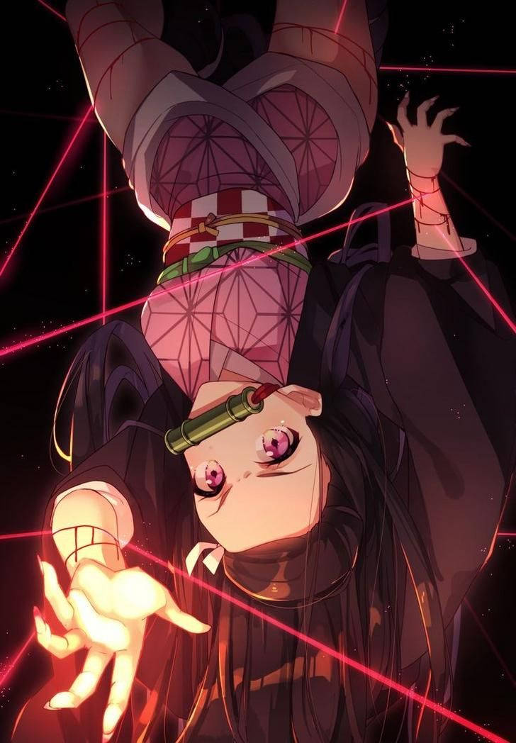 Demon Slayer Nezuko, glowing pink eyes, red laser beams, SD Phone Wallpaper