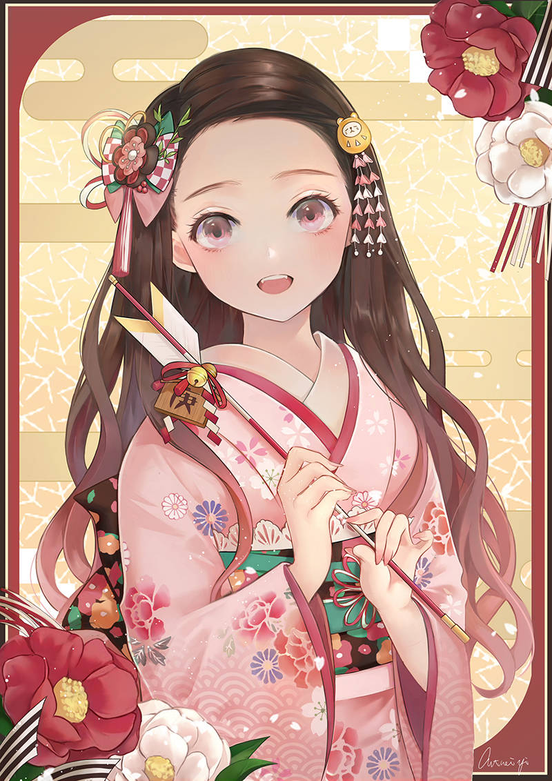 Demon Slayer, Nezuko, pink floral kimono, SD Phone Wallpaper