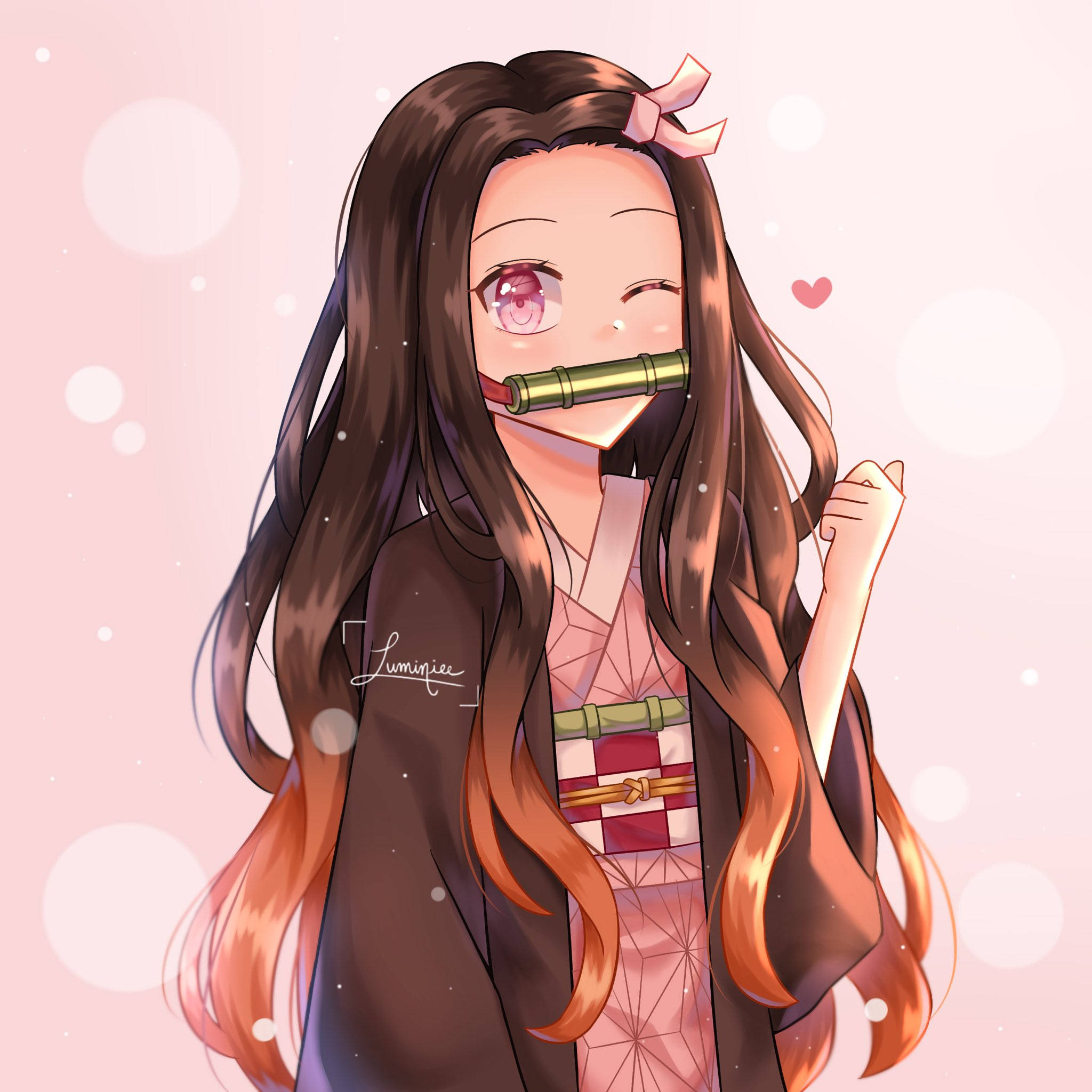 Demon Slayer Nezuko, long brown hair, pink bow, Full HD Desktop Wallpaper