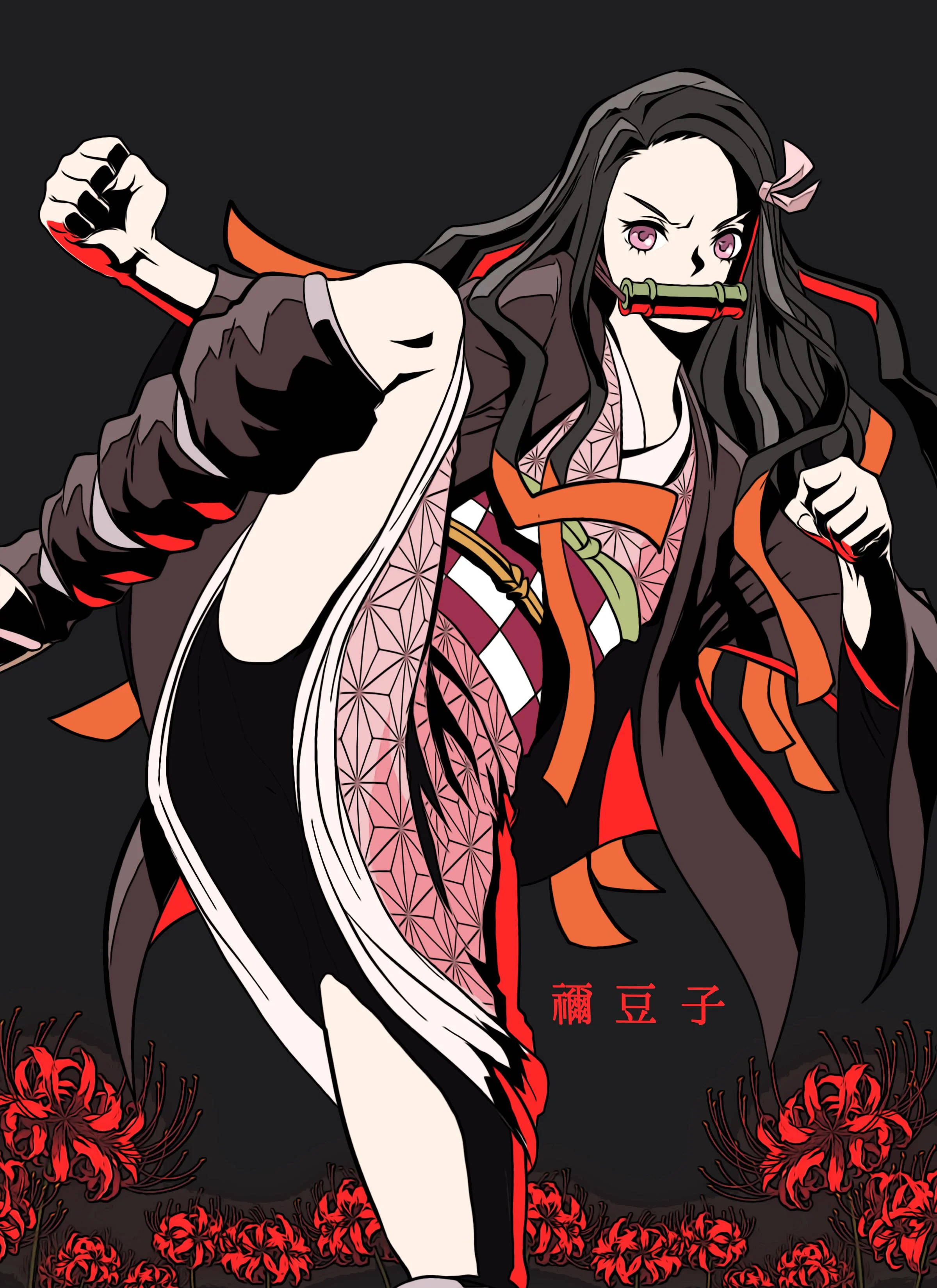 Demon Slayer Nezuko, long black hair, red flowers, 2K Phone Wallpaper