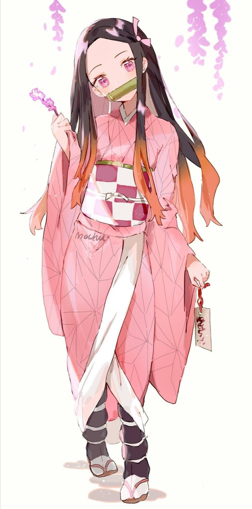 Demon Slayer Nezuko, pink kimono, bamboo gag, Full HD Phone Wallpaper