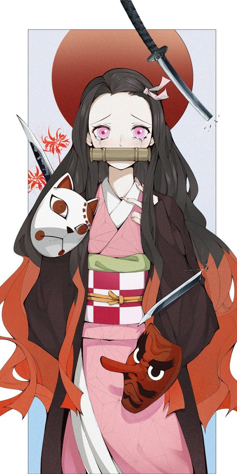 Demon Slayer Nezuko, pink eyes, bamboo gag, HD Phone Wallpaper